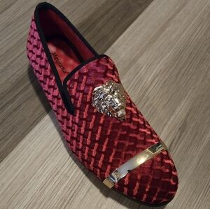 Meijiana Red Velvet Loafers with Gold Lion Detail
